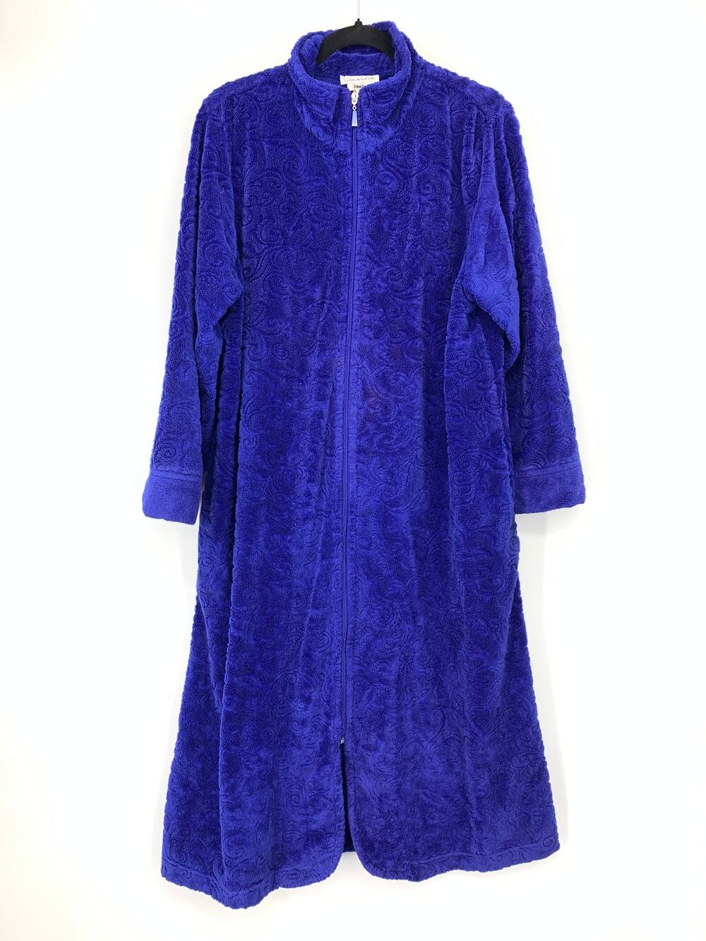Oscar de la Renta Robe Womens XL Royal Blue Plush Paisley Zip Front Long
